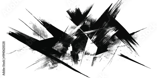 A dynamic abstract black and white grunge explosion graphic design element with aggressive brush strokes and radiating lines