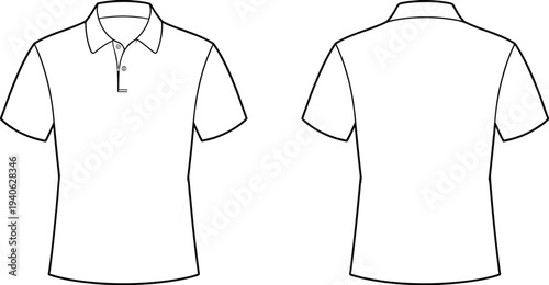 Polo Shirt Front and Back View Outline Template, Short Sleeve Collared T Shirt Apparel Mockup for Fashion Design Illustration