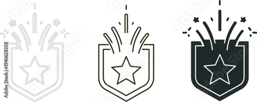 Three star shield icons in black white and orange on a beige background with explosive effects