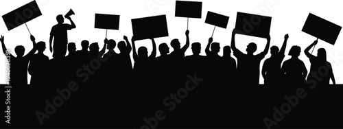 Protest Crowd Silhouette with Blank Banners and Megaphone, Demonstration Rally People Group Concept for Activism, Strike or Political Protest Illustration