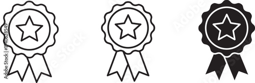 Three star rosette award ribbons in black and white line art