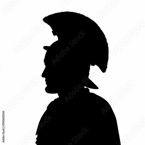 Ancient Roman soldier silhouette with plumed centurion helmet, black spartan warrior profile vector, classical greek gladiator head icon