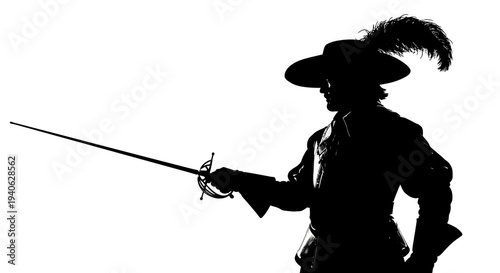 Vintage musketeer silhouette with rapier sword, 17th century swordsman in feathered hat, historical fencer vector illustration