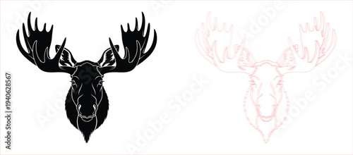 A black silhouette of a moose with large antlers on a white background with a faded red mark