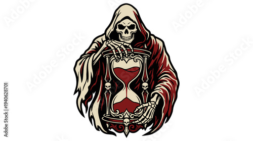 Grim Reaper Hood Wrapped Around Hourglass Bold Gothic Vector Emblem Illustration
