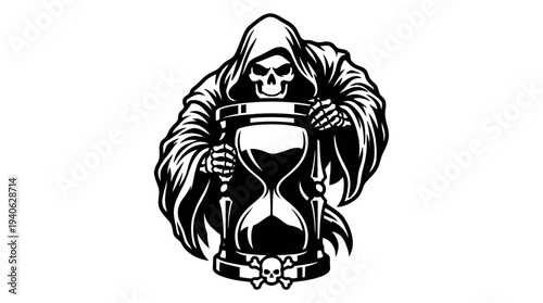 Grim Reaper Hood Wrapped Around Hourglass Bold Gothic Vector Emblem Illustration
