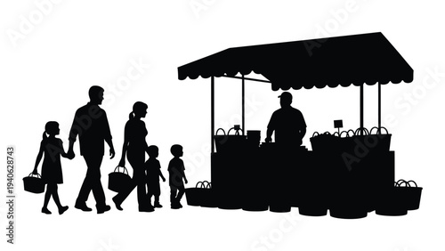 Family walking towards a market stall