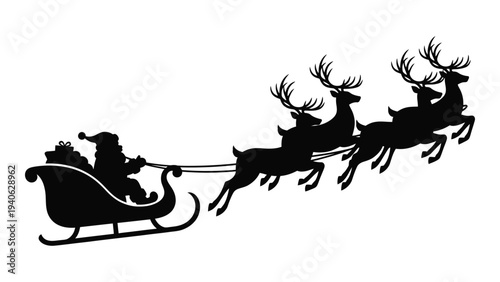 Santa claus rides through the sky in his sleigh pulled by reindeer