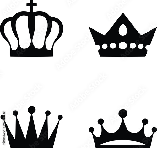 black and white illustration of four different royal crown designs style collection. Vector illustration.