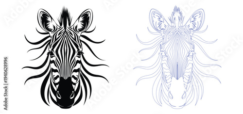 Zebra head illustrations in black and blue tones on white background