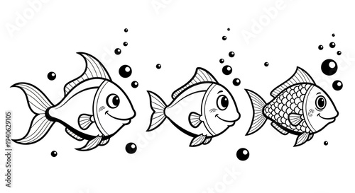 Three smiling fish swimming together underwater