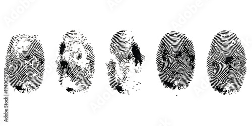 A row of five distinct black and white fingerprints illustrating biometric identification and forensic evidence.