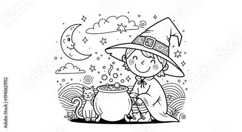 A young witch stirring a bubbling cauldron under a starry night sky