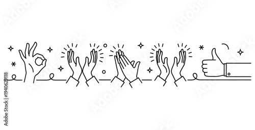 Collection of stylized black and white line art icons representing various positive hand gestures including applause approval and the perfect sign
