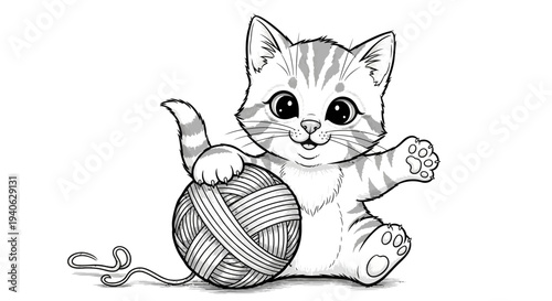 Adorable kitten playing with a ball of yarn