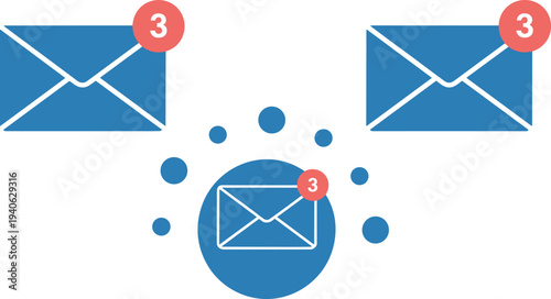 Three blue envelopes with red notification badges showing the number three email message