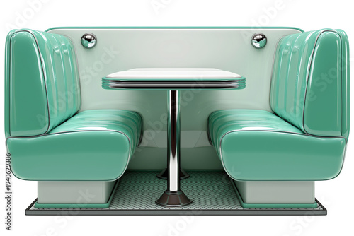 Vintage mint green retro american diner booth with facing seats and chrome pedestal table isolated on transparent background. PNG