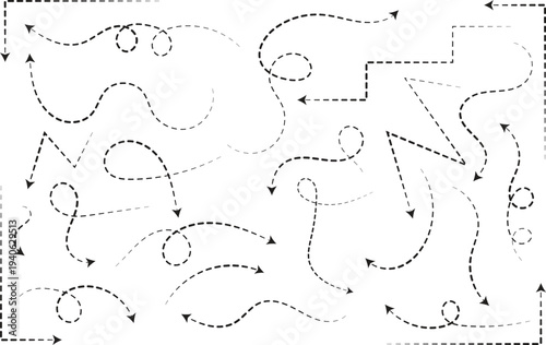 Collection of dashed curved arrow paths representing navigation, movement, and direction concepts.