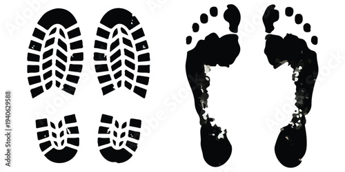 A comparison of man-made boot prints and natural human footprints in black and white