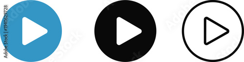 Three Play Button Icons In Blue Black And Outline Styles Keywords: play button, media player, video, audio, music, icon, symbol