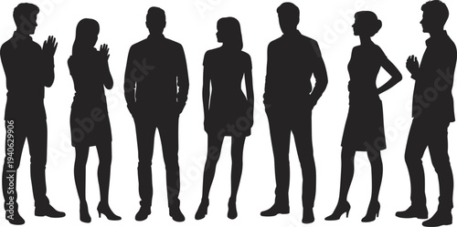 Set of Business People Silhouettes Featuring a Diverse Group of Professional Men and Women in Formal Suits and Casual Attire Standing Isolated on White Background
