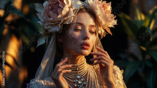 Woman with Huge Vintage Flower on Head. Elegant Romantic Dreamy Bride in Warm Evening Sunlight. Floral Illustration. Vintage Blooming Spring Sunny Day Wedding Atmosphere Art