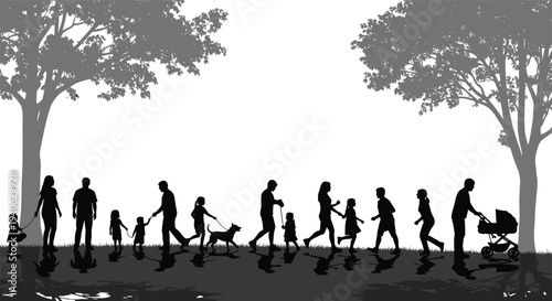 Silhouette illustration of diverse people walking outdoors with children, dog and stroller, family community lifestyle, social connection and leisure activity design concept