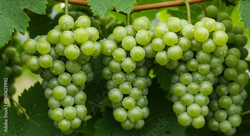 Ripe green grapes with water droplets hanging from vine grape clusters vineyard fruit