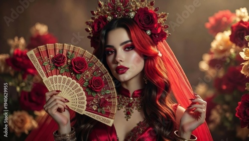 Woman with Red Hair, Floral Wreath Crown, Ruby Gemstone Necklace. Powerful Mystique Gothic Style Female Character. Romantic Bold Girl with Dark Red  Make Up. Vintage Luxury Elegant Silk Glossy Dress
