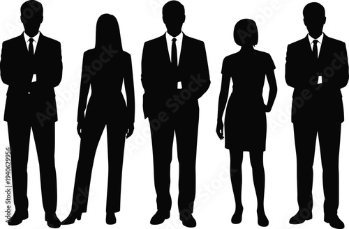 Set of Business People Silhouettes Featuring Diverse Groups of Professional Men and Women in Formal Suits and Smart Casual Outfits Standing Isolated on White Background