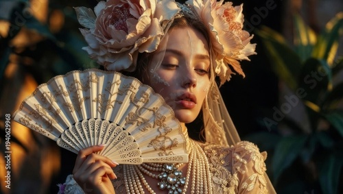 Woman with Huge Vintage Flower on Head. Elegant Romantic Dreamy Bride in Warm Evening Sunlight. Floral Illustration. Vintage Blooming Spring Sunny Day Wedding Atmosphere Art