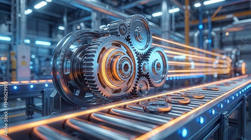 Industrial gears and machinery parts moving along a conveyor belt in factory setting smoothly
