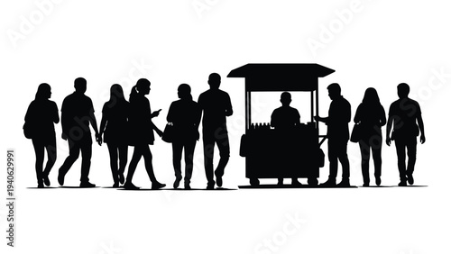 A group of people standing next to a food cart