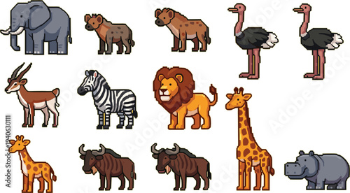 African Safari Animals Collection Vector Illustration with Elephant, Lion, Giraffe, Zebra, Ostrich, Hyena, Wildebeest and Hippopotamus Characters