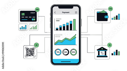 Mobile payment app with financial data and statistics on screen