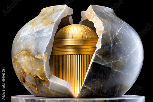 Chisel splitting marble, one half classical, one half digital sculpture