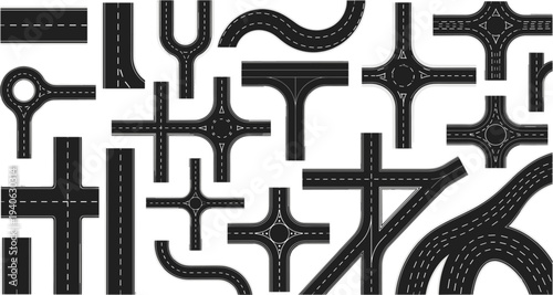 Top View Road Map Elements Set with Highway Intersections, Curved Streets, Roundabouts, and City Navigation Routes for Map Design