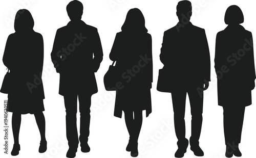 Set of Business People Silhouettes Featuring a Diverse Group of Professional Men and Women in Formal Suits and Casual Attire Standing Isolated on White Background