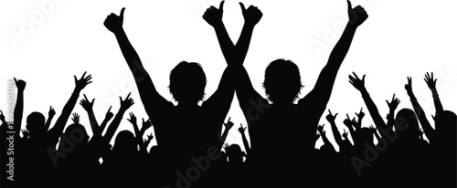 Silhouette of a Cheerful Crowd with People Giving Thumbs Up and Raising Hands in Celebration at a Music Concert, Success Event, or Festive Party Background