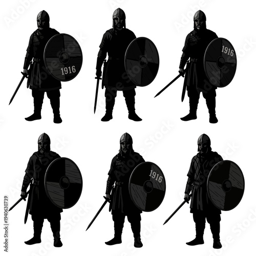 Medieval Viking warrior silhouettes with 1916 shield detail, set of 6 ancient soldier vector icons, dark knight infantry with sword and round shield