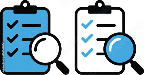 Two Clipboards with Checkmarks and Magnifying Glass Icons on White Background checklist list