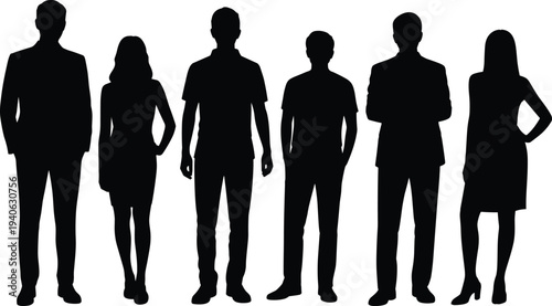 Set of Business People Silhouettes Featuring a Diverse Group of Professional Men and Women in Formal Suits and Casual Attire Standing Isolated on White Background