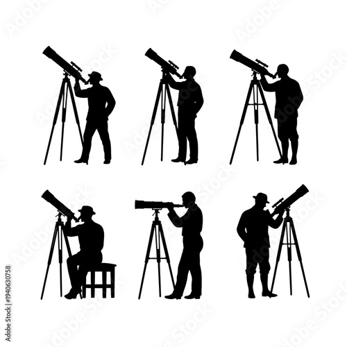 Vintage astronomer silhouette set with 6 vector elements, male scientists looking through telescopes on tripods, retro stargazing and astronomy icons