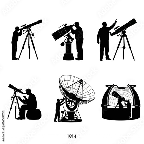 Vintage astronomy silhouettes, collection of 6 vector icons of astronomers with telescopes, observatory equipment and satellite dish from 1914