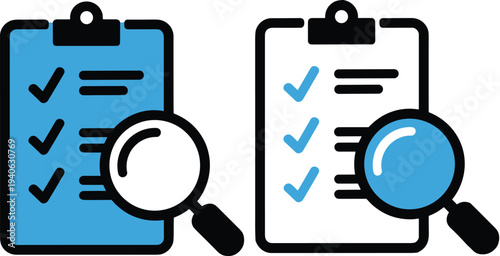Two Clipboards with Checkmarks and Magnifying Glass Icons on White Background checklist list