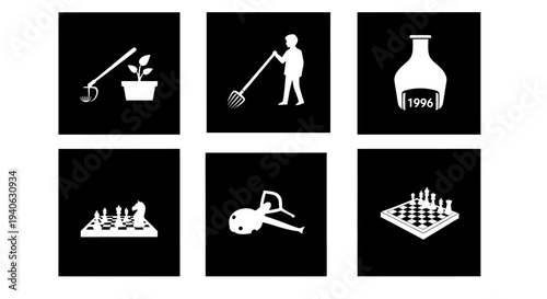 Minimalist hobby and lifestyle icon set, 6 white vector symbols on black background, gardening and chess game elements for web design
