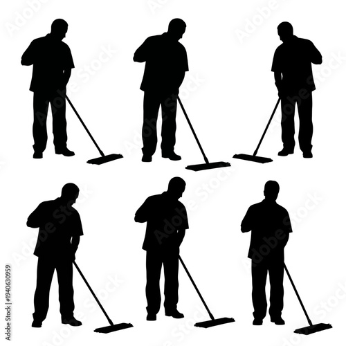 Professional cleaner silhouette set, janitor with floor mop vector collection, maintenance worker cleaning service icons on white background