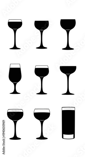 Minimalist wine glass silhouettes, set of 9 cocktail and beverage glassware icons, black and white bar drink vector elements for menu design