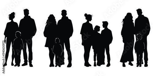 Diverse Family Silhouettes - Parents and Children Vector Set