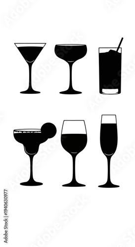 Minimalist cocktail glass silhouettes, set of 6 black drink icons, elegant barware glassware vector illustrations for menu design and party invitations